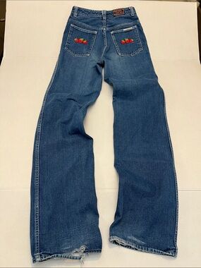 70’s Bon Bon Vintage Blue Jeans with  strawberry Embroidery on pockets